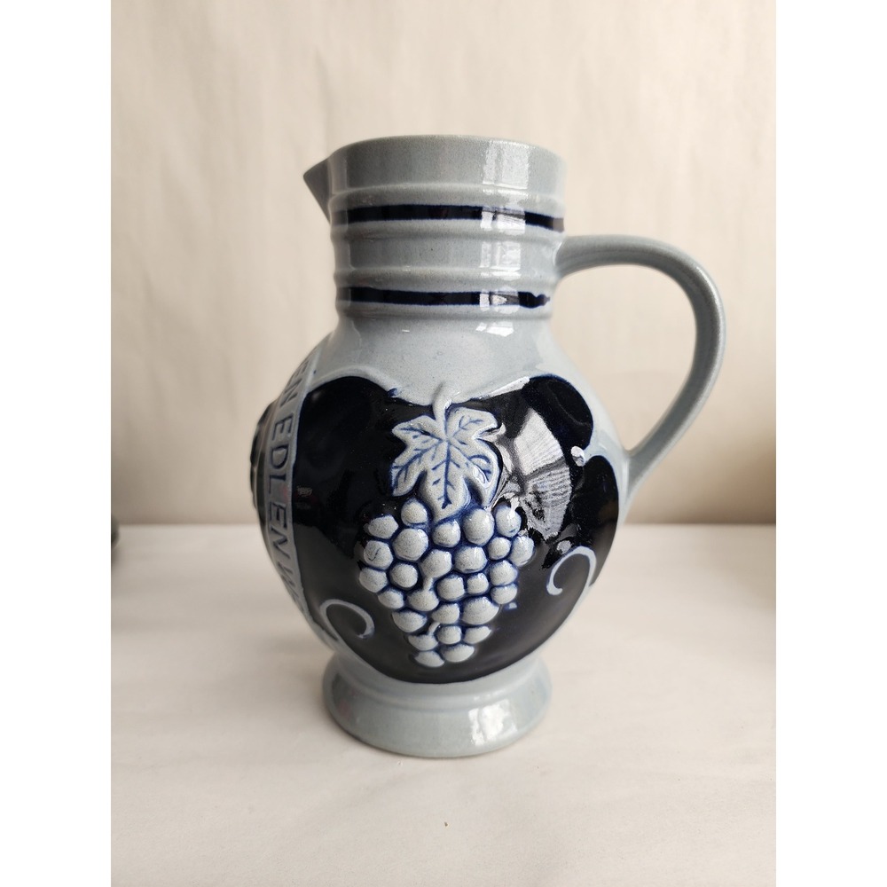Vintage German Salt Glazed Stoneware Wine Pitcher Cobalt Blue Grapes 1L Jar